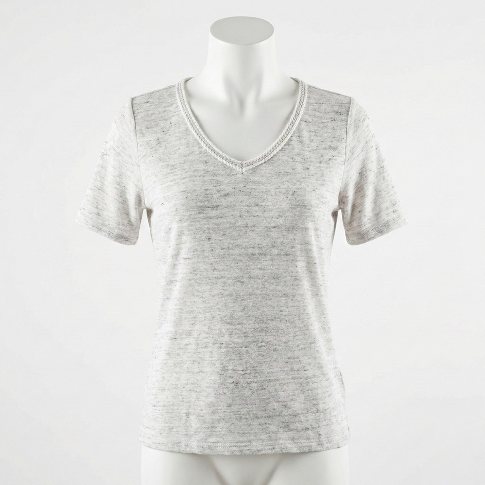 Cynthia Rowley 100% Linen Heather Grey V Neck Tee Braided Trim Medium